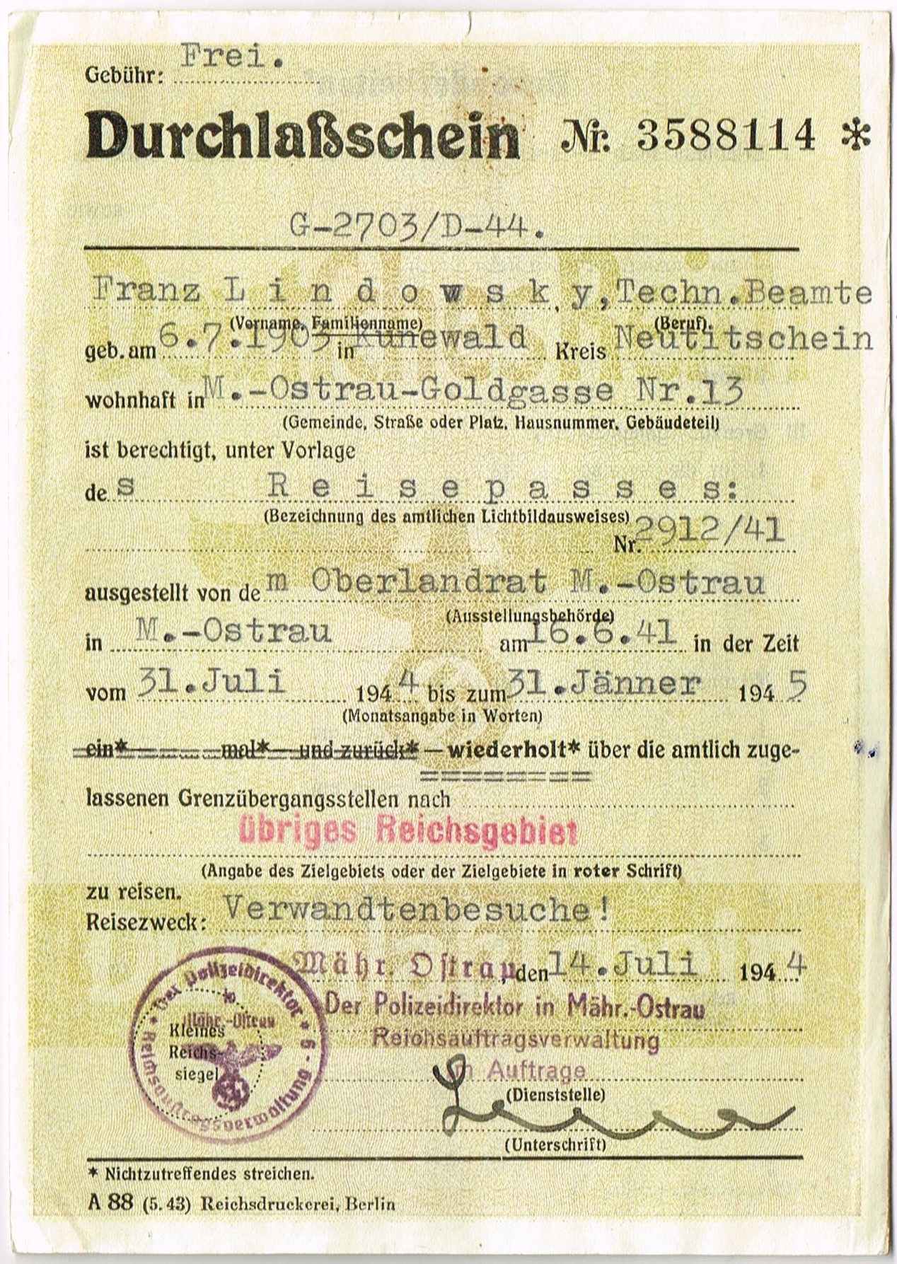 Durchlasschein Nr. 3588114 - Franz Lindowsky